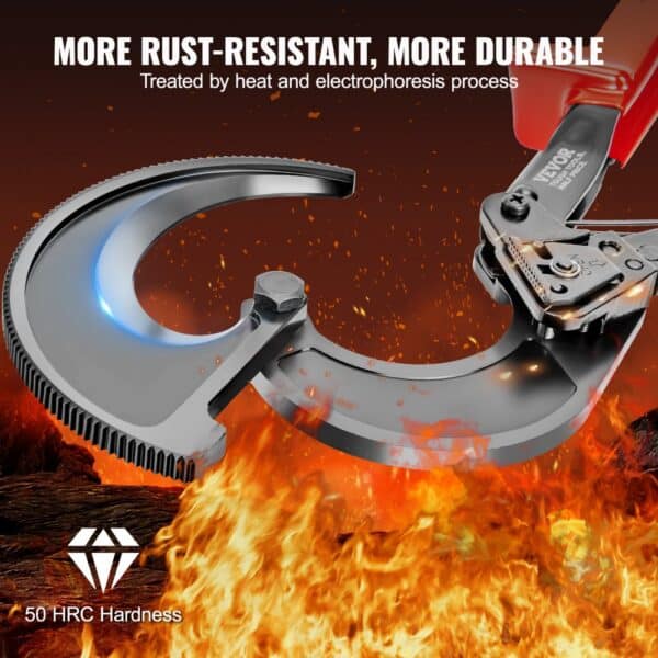 VEVOR ratcheting cable cutter with heat-treated blades, shown cutting through intense flames.