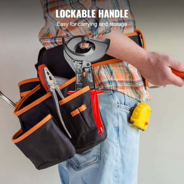tool belt with VEVOR ratcheting cable cutter and pliers, showcasing lockable handle feature.