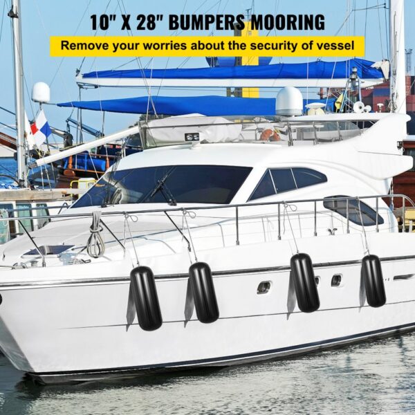 luxury yacht with VEVOR boat fenders, docked safely with black bumpers.