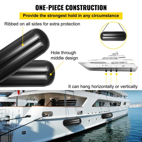 VEVOR boat fenders hung on yacht showing ribbed protection and hole through middle design.