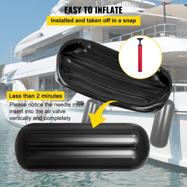 VEVOR boat fenders showcase easy inflation and installation near a yacht.