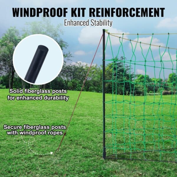 windproof kit reinforcement with solid fiberglass posts, secure with windproof ropes for VEVOR electric fence netting.