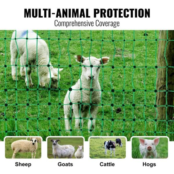 VEVOR electric fence netting for sheep, goats, cattle, and hogs, providing multi-animal protection.