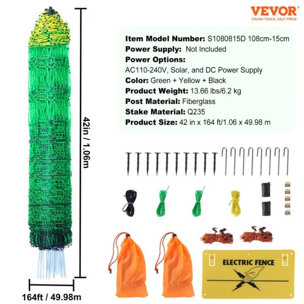 VEVOR electric fence netting, 42in x 164ft, green/yellow/black, complete with stakes, posts, and accessories.