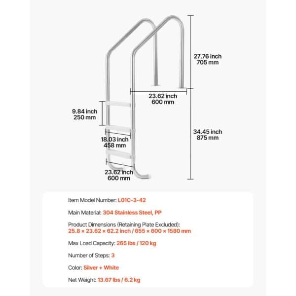 VEVOR Robust Stainless Steel Pool Ladder 3-Step & 2 Handrails for 48-54 In Pool