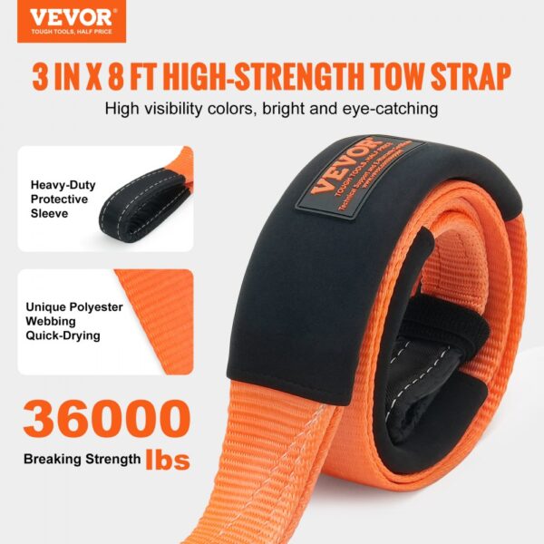 VEVOR tow strap, 3 in x 8 ft, high-strength, 36000 lbs, orange polyester with heavy-duty sleeve.