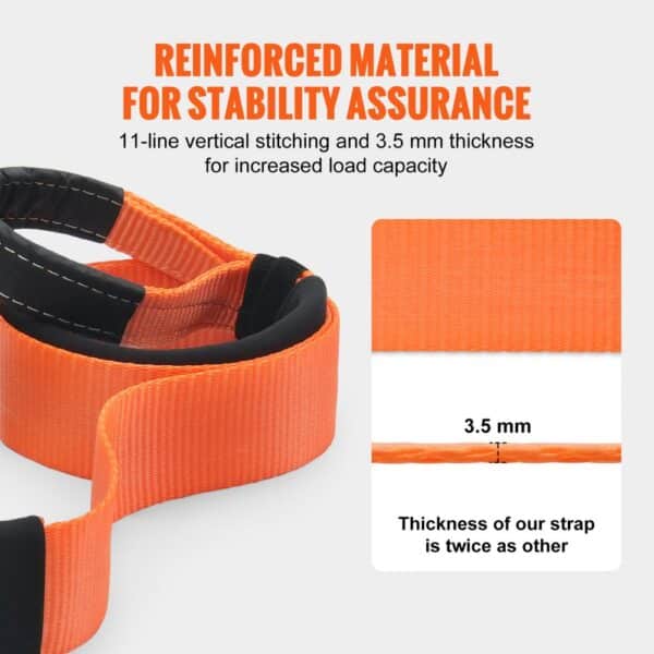 orange VEVOR tow strap with 11-line stitching, 3.5 mm thickness for increased load capacity and stability.