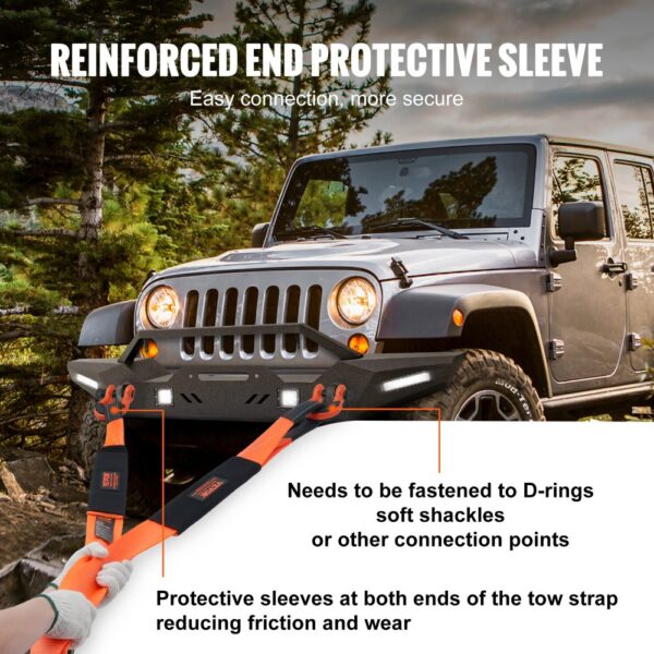 VEVOR tow strap connected to a rugged jeep, featuring reinforced end sleeves for secure off-road towing.