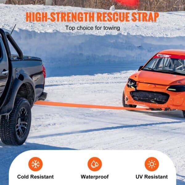 VEVOR tow strap towing car on a snowy road, highlighting cold resistance, waterproof, and uv-resistant features.