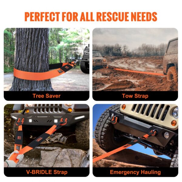 VEVOR tow strap in action for tree saving, towing, v-bridle strap, and emergency hauling.