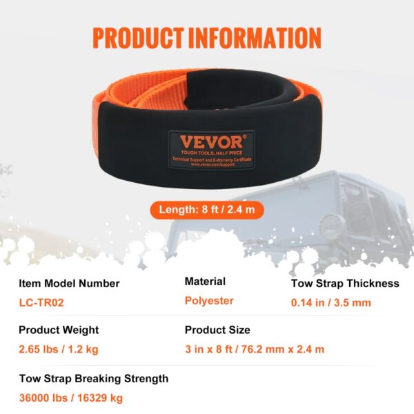 VEVOR tow strap, 8 ft, 36000 lbs breaking strength, polyester, 2.65 lbs, 3.5 mm thick.