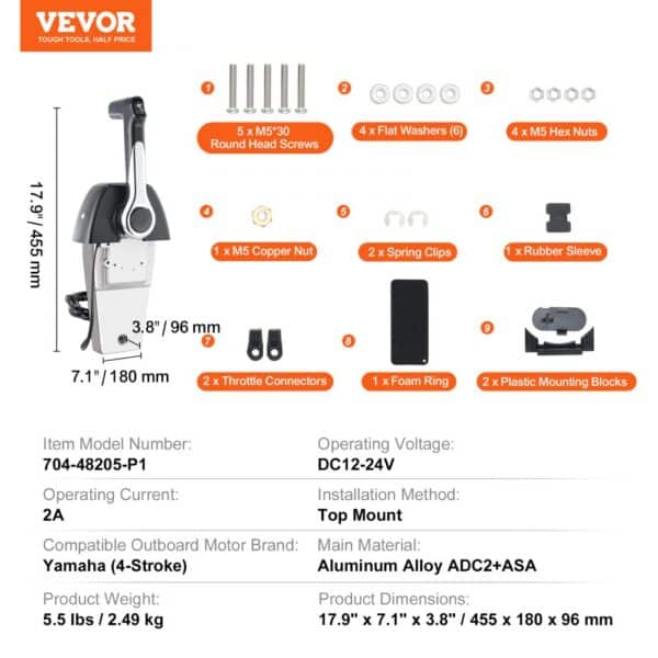 VEVOR boat throttle control kit with screws, washers, nuts, spring clips, connectors, and mounting blocks.