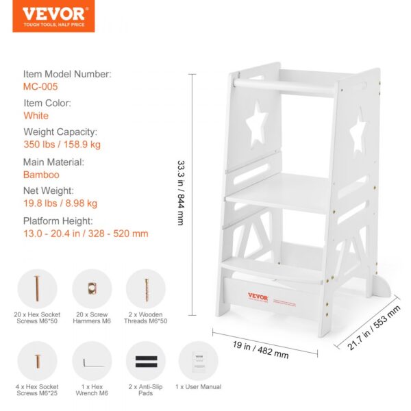 VEVOR Tower Step Stool for Toddlers Kids 3-Level Height Adjustable 350LBS White