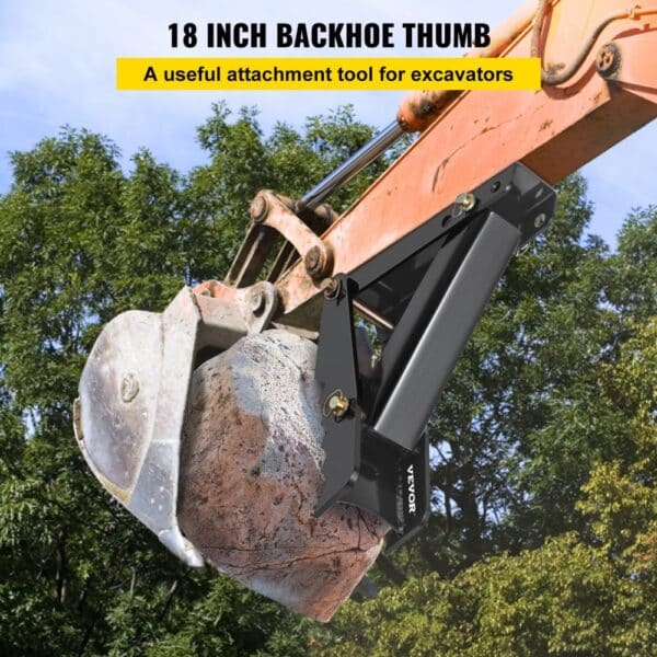 excavator lifting a boulder with a VEVOR backhoe thumb attachment, trees in the background.