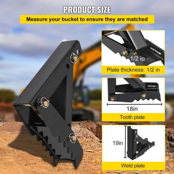 VEVOR backhoe thumb dimensions: plate thickness 1/2 in, tooth plate 18 in, weld plate 19 in.