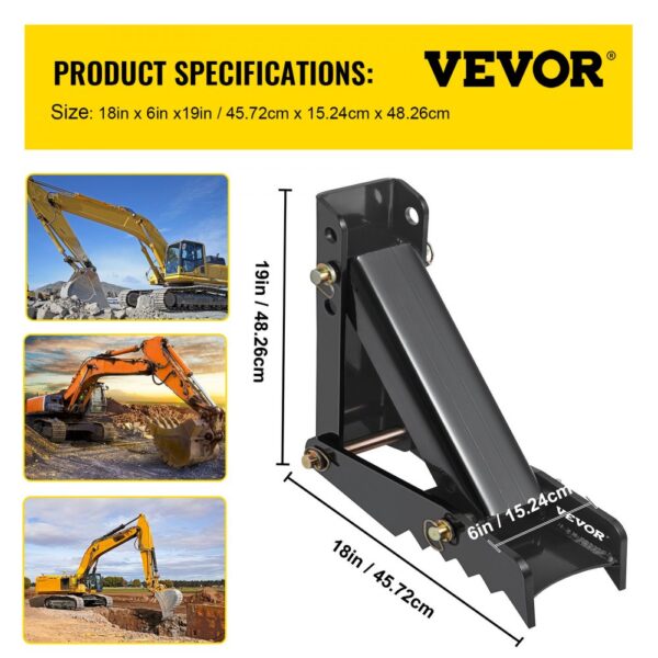 VEVOR backhoe thumb with size specifications and backhoe images.