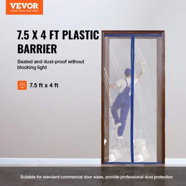 VEVOR Dust Barrier, 7.5 x 4 ft Dust Barrier Door Kit, with Magnetic Self-Closing Zipper, PE Construction Door Cover for Dust Containment, Reusable Dust Protection Wall for Living Room Bathroom Remodel