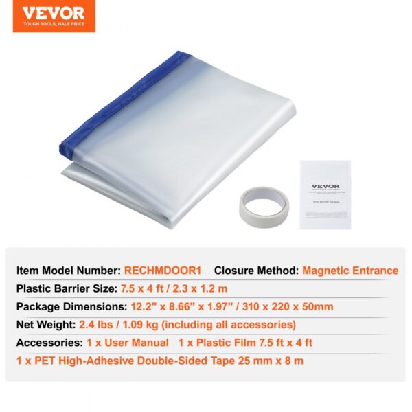 VEVOR Dust Barrier, 7.5 x 4 ft Dust Barrier Door Kit, with Magnetic Self-Closing Zipper, PE Construction Door Cover for Dust Containment, Reusable Dust Protection Wall for Living Room Bathroom Remodel