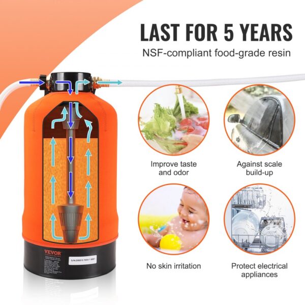 VEVOR rv water softener with nsf-compliant resin, improves taste and odor, prevents scale build-up.