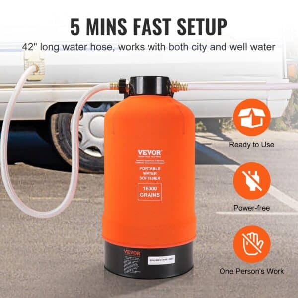 VEVOR rv water softener with 42" hose, ready to use, power-free, single person setup, 16000 grains.