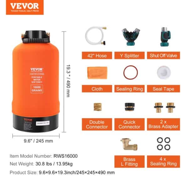 VEVOR rv water softener with 42" hose, y splitter, shut-off valve, sealing rings, connectors, and adapters.