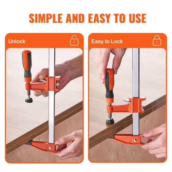 using VEVOR bar clamps to easily unlock and lock a workpiece on a wooden surface.