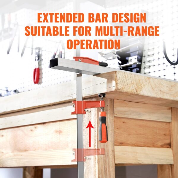 VEVOR bar clamps with an extended design for versatile multi-range operation on a wooden workbench.