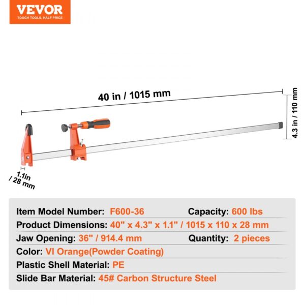 VEVOR bar clamps, 40"x4.3"x1.1", 36" jaw opening, 600 lbs capacity, orange, pe plastic, carbon steel.