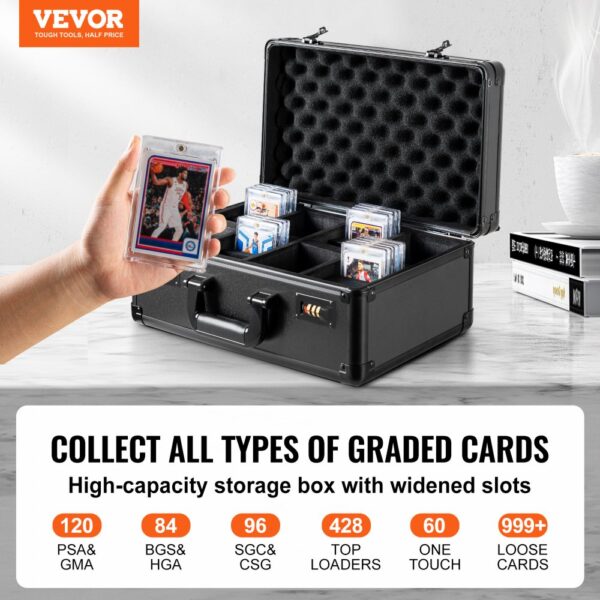 VEVOR graded card storage box with slots, holder displaying a card, and displaying various stored cards.