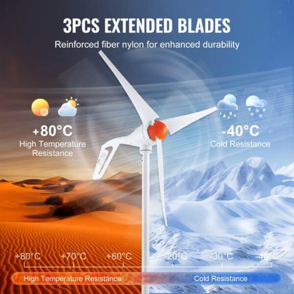 VEVOR wind turbine generator with 3pcs extended blades, effective from -40°c to +80°c temperatures.