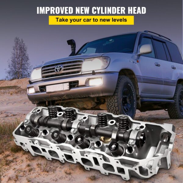 VEVOR cylinder head 22re displayed with suv in off-road setting, promoting upgrades.