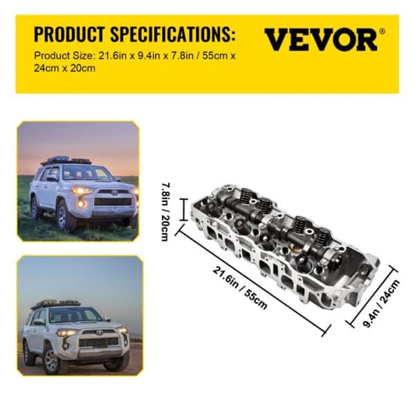 VEVOR cylinder head 22re with product specifications and off-road vehicle images.