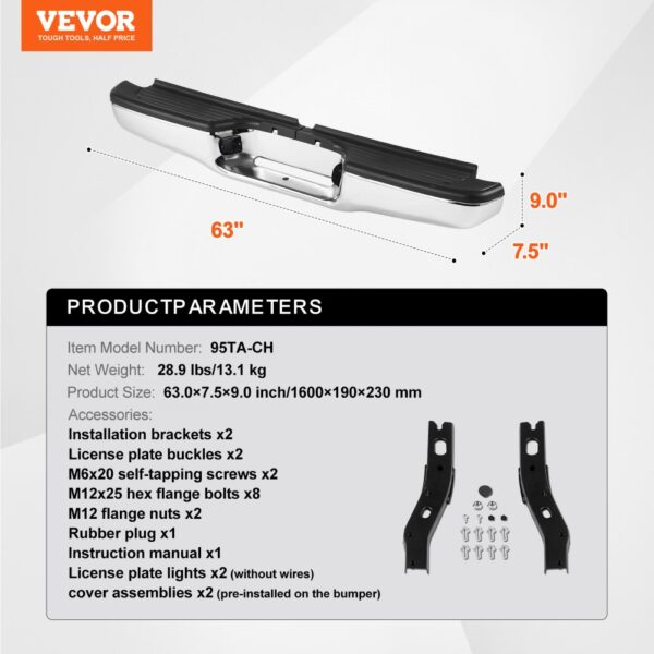 VEVOR toyota tacoma rear bumper, product parameters, dimensions 63x9x7.5 inches, accessories included.