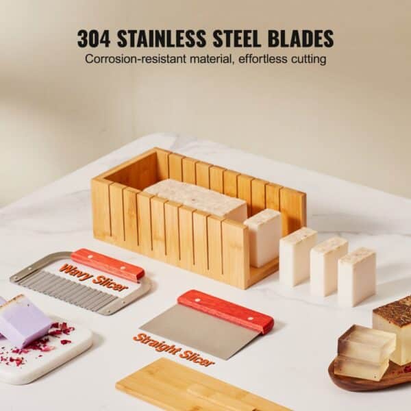 VEVOR soap making kit with 304 stainless steel wavy and straight slicers, wooden mold, and soap bars.