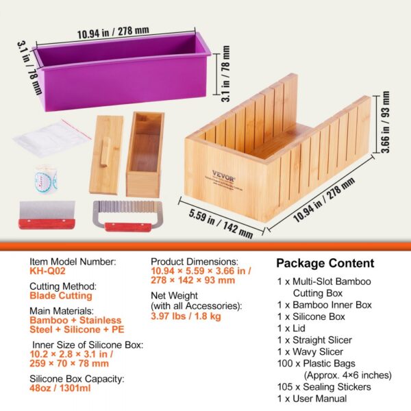 VEVOR soap making kit with bamboo cutting box, silicone mold, straight and wavy slicers, and accessories.