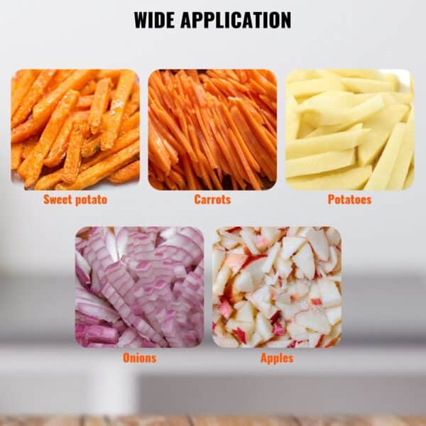 VEVOR vegetable chopper, diced sweet potatoes, carrots, potatoes, onions, and apples showcasing versatility.