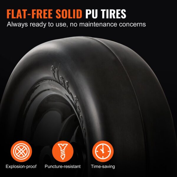 flat-free solid pu VEVOR lawn mower tires with explosion-proof, puncture-resistant, and time-saving features.