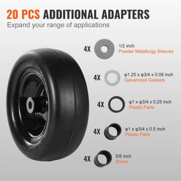 VEVOR lawn mower tires with 20 additional adapters including sleeves, gaskets, and shims for customization.