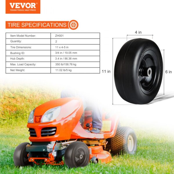 VEVOR lawn mower tires specifications chart, with a close-up of a black tire and an orange lawn mower.