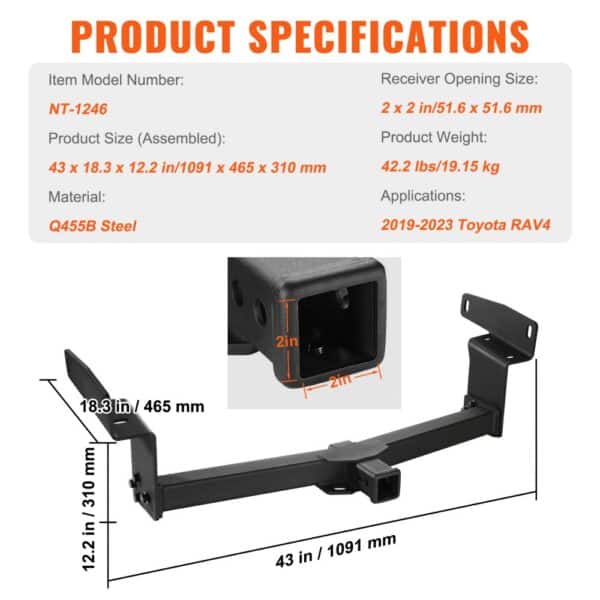 VEVOR class 3 trailer hitch, q455b steel, fits 2019-2023 toyota rav4, 2x2 in receiver, 43x18.3x12.2 in