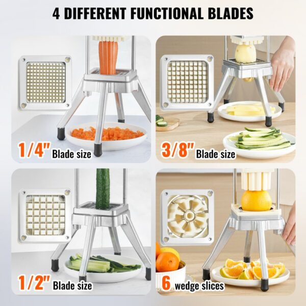 VEVOR vegetable chopper with 4 blade sizes: 1/4", 3/8", 1/2", and 6 wedge slices. ideal for varied cuts.