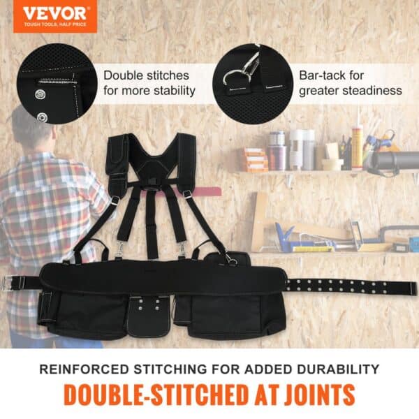 VEVOR tool belt with double-stitched joints and reinforced stability for added durability.