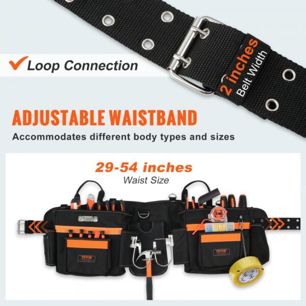 VEVOR tool belt with adjustable waistband, 2-inch belt width, fits waist sizes 29-54 inches.