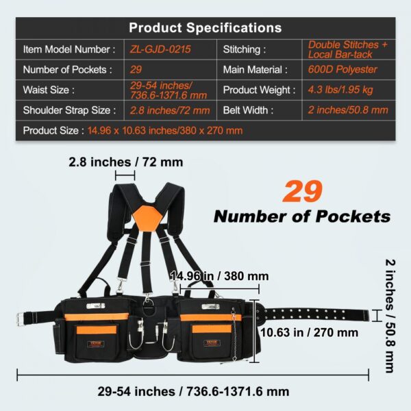 VEVOR tool belt with 29 pockets, adjustable waist, shoulder straps, double stitching, and 600d polyester.