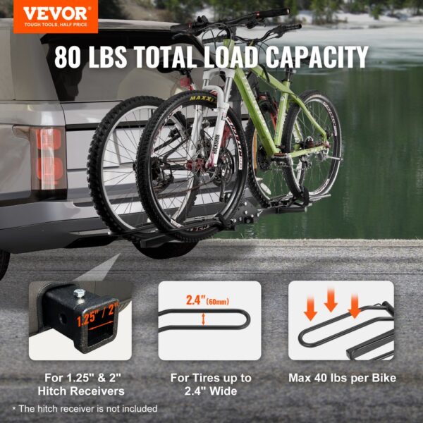 VEVOR bike rack attached to a car, holding two bikes with 80 lbs total load capacity.