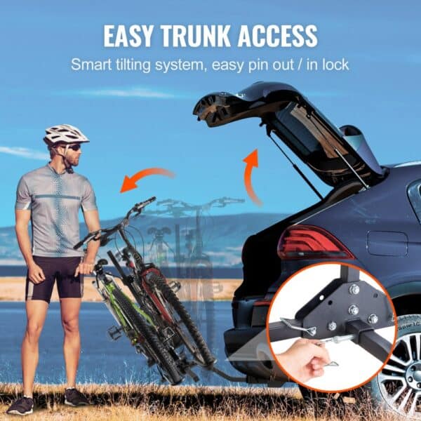 VEVOR bike rack's smart tilting system allows easy trunk access with a simple pin out/in lock mechanism.