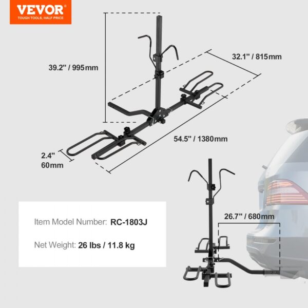 VEVOR bike rack with model rc-1803j, dimensions: 54.5"x32.1"x39.2", net weight 26 lbs.