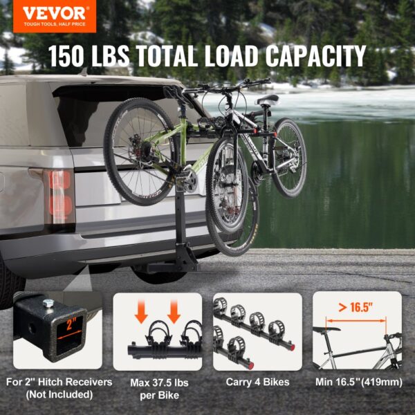 VEVOR hitch mount bike rack carrying 2 bikes on the back of an suv near a lake, 150 lbs total load capacity.