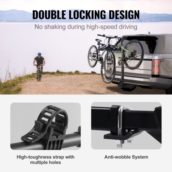 VEVOR hitch mount bike rack with double locking design, high-toughness strap, and anti-wobble system.