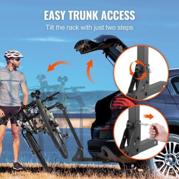 VEVOR hitch mount bike rack with easy trunk access feature, showing tilt mechanism in two steps.